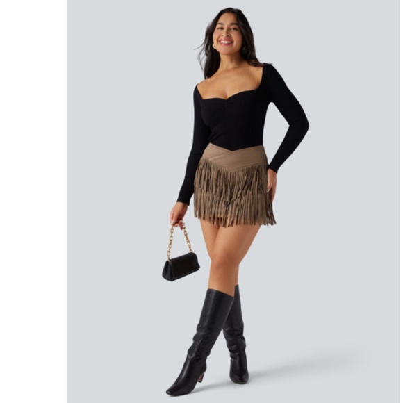 Crossover High Waisted 2-in-1 Fringe Hem Bodycon Mini Suede Party Skirt - Picture 3 of 8